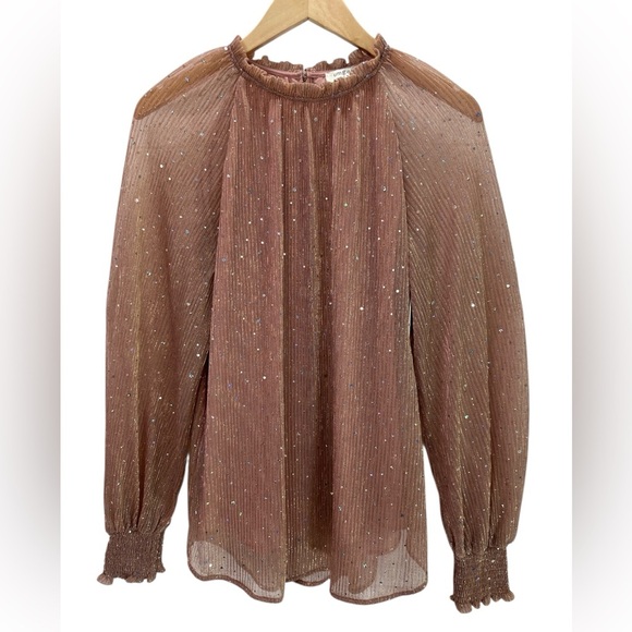 NWT Umgee Mauve Shimmer Pleated Sheer Blouse Long Sleeve Ruffle Mock Neck - Picture 2 of 11